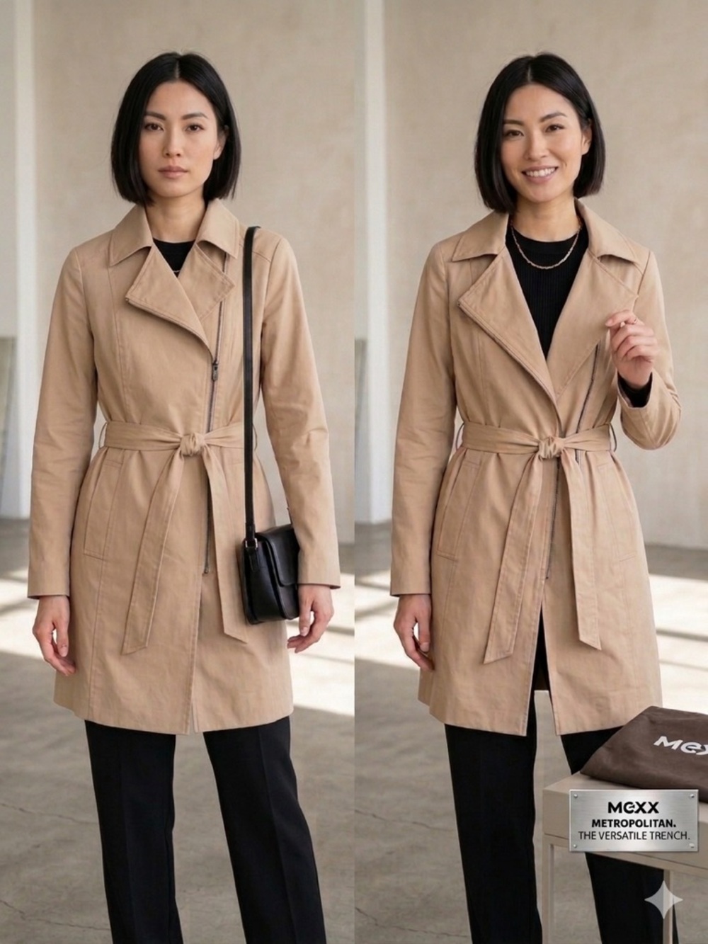 Mexx Metropolitan Khaki Asymmetric Zip Trench Coat Size 8